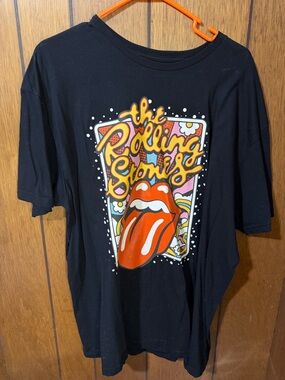 The Rolling Stones Black Tee with Red Tongue and Colorful Graphic